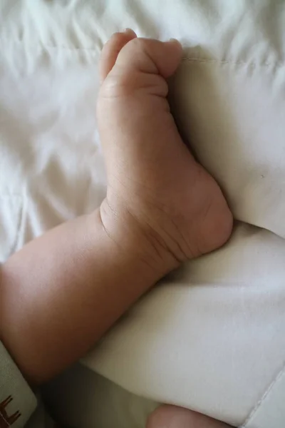a photo of a cute feet of a newborn baby on a white mattress