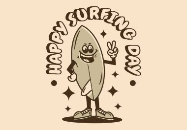 Elleri barış sembolü oluşturan ayakta duran bir sörf tahtasının maskotu.