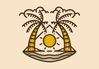 İki büyük hindistan cevizi ağacıyla gündoğumu çizimi çizimi