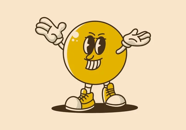 ヴィンテージカラーで笑顔の顔を持つ黄色のボールヘッドマスコットキャラクターデザイン — ストックベクタ