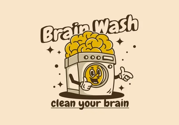 Wasmachine Met Grote Hersenen Mascotte Karakter Ontwerp Met Lachend Gezicht — Stockvector