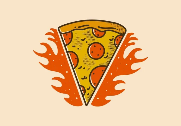 Vintage Kunst Illustratie Ontwerp Van Pizza Plak Met Vuur Vlammen — Stockvector
