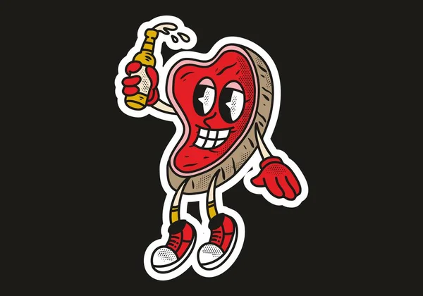 Mascot Character Sticker Design Meat Holding Beer Bottle Happy Face — Stock Vector