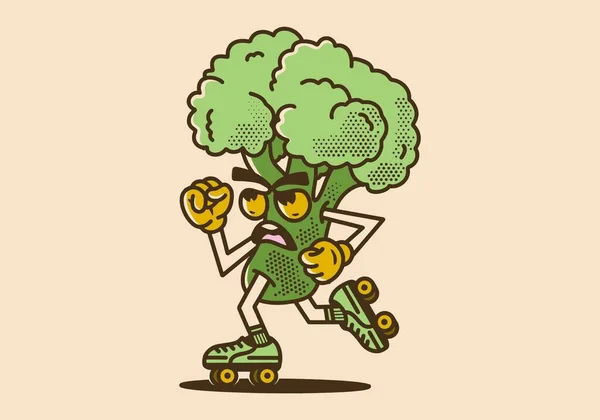 Brokoli Paten Oynarken Maskot Karakteri Çizimi — Stok Vektör