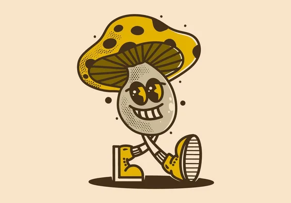 黄色のキノコの笑顔のヴィンテージマスコットキャラクターイラストデザイン — ストックベクタ