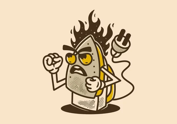 Ročník Maskot Charakter Ilustrační Design Elektrické Železo Hněvivým Obličejem Plameny — Stockový vektor