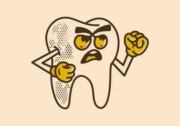 Vintage Mascot Character Illustration Design Tooth Angry Face — Stock Vector