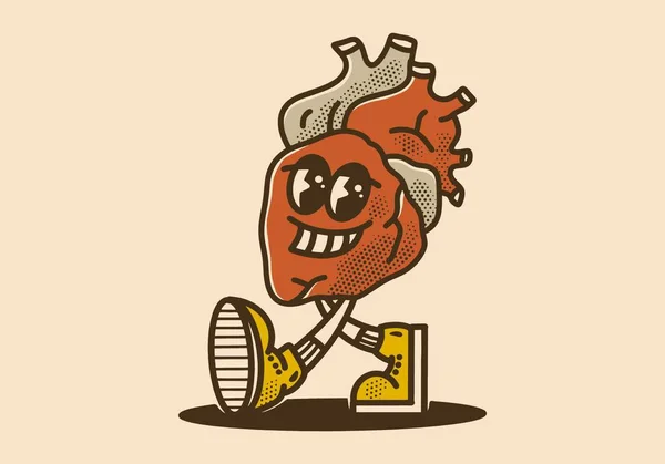 Design Ilustração Personagem Mascote Vintage Coração Vermelho Com Rosto Sorridente —  Vetores de Stock