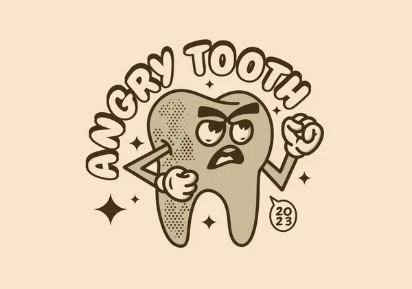怒っている顔の歯のヴィンテージマスコットキャラクターイラストデザイン — ストックベクタ