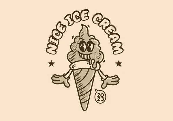 Design Ilustração Personagem Mascote Vintage Cone Sorvete —  Vetores de Stock