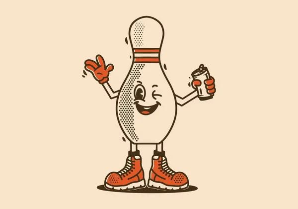 Design Personagem Mascote Pino Boliche Segurando Uma Lata Cerveja — Vetor de Stock