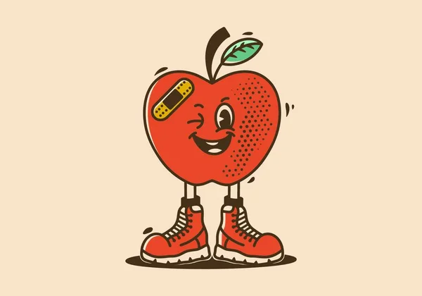 笑顔とブーツの靴を履いて赤いリンゴのマスコットキャラクターイラストデザイン — ストックベクタ