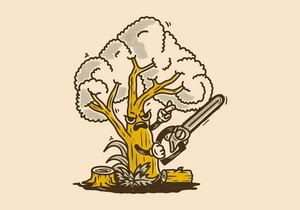 Büyük Bir Ağaç Testeresinin Maskot Karakteri Çizimi — Stok Vektör
