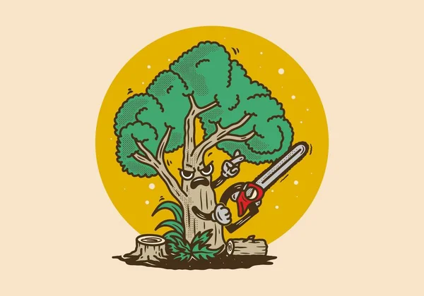 Maskottchen Charakter Illustration Design Eines Großen Baumes Mit Kettensäge — Stockvektor