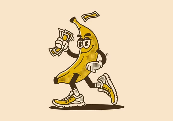 Vintage Σχεδιασμό Χαρακτήρα Μασκότ Της Μπανάνας Κρατώντας Χρήματα — Διανυσματικό Αρχείο