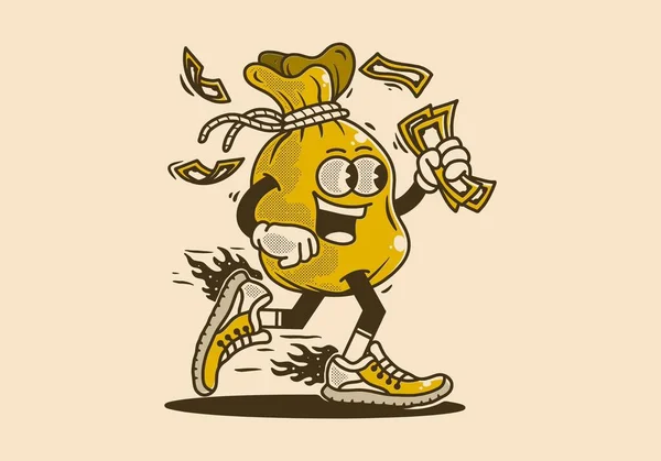 お金を保持するお金バッグのヴィンテージマスコットキャラクターデザイン — ストックベクタ