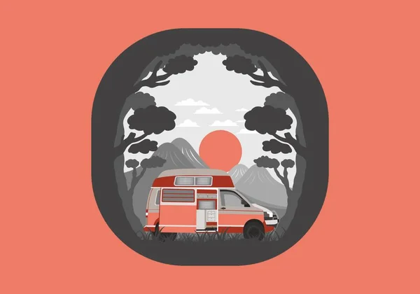 Insigne Illustration Coloré Design Camping Car Dans Nature — Image vectorielle