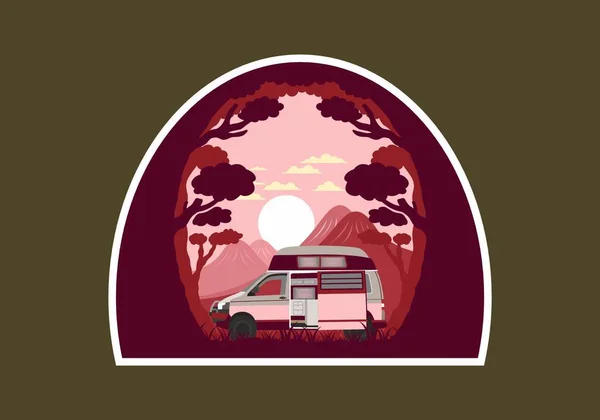 Πολύχρωμο Σχεδιασμό Σήμα Εικονογράφηση Του Campervan Στη Φύση — Διανυσματικό Αρχείο