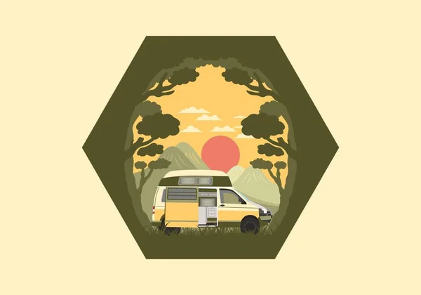 Colorido Diseño Insignia Ilustración Autocaravana Naturaleza — Vector de stock