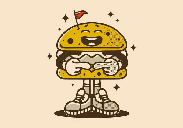 Burger Σχεδιασμός Χαρακτήρα Ντροπαλή Έκφραση Vintage Στυλ — Διανυσματικό Αρχείο