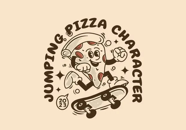 Diseño Carácter Mascota Vintage Pizza Saltando Sobre Tabla Skate — Vector de stock