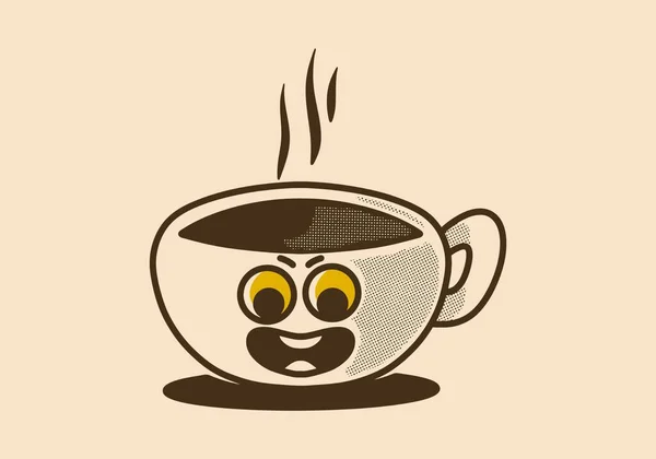 Σχεδιασμός Vintage Χαρακτήρα Ενός Φλιτζανιού Καφέ Χαρούμενο Πρόσωπο — Διανυσματικό Αρχείο