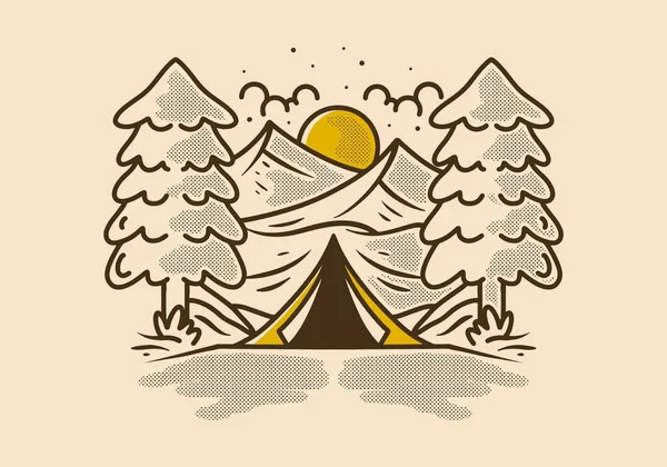 Mono Linea Illustrazione Triangolo Tenda Campeggio Tra Due Grandi Pini — Vettoriale Stock