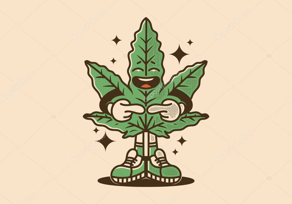 Marijuana leaf character design with shy expression in vintage style