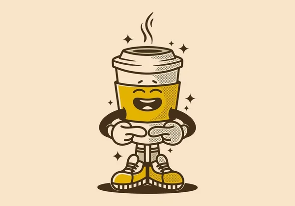 恥ずかしがり屋な表情をしたコーヒーの紙コップのヴィンテージマスコットキャラクターデザイン — ストックベクタ