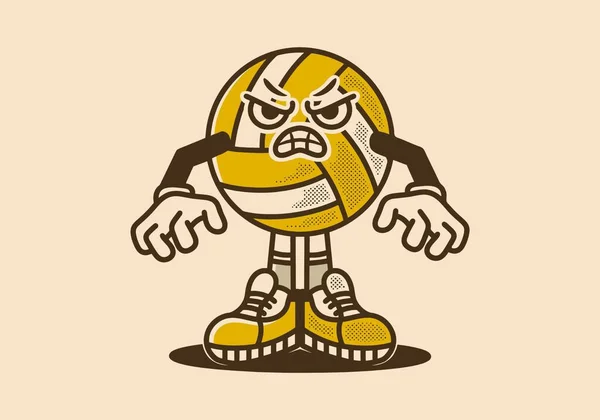 带有愤怒表情的老式排球吉祥物设计 — 图库矢量图片
