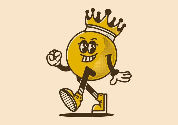 ゴールドクラウンを身に着けているボールヘッドキャラクターのヴィンテージスタイルのマスコットキャラクターデザイン — ストックベクタ