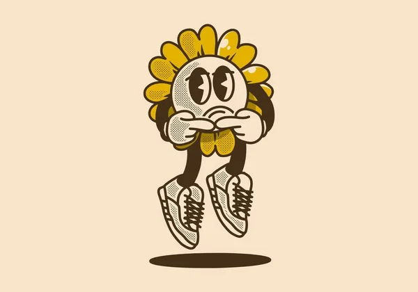 Sonnenblumen Maskottchen Mit Traurigem Ausdruck Vintage Stil — Stockvektor