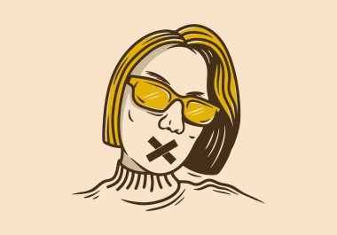 Dudağında eski tarz haç işareti olan kadınların mono çizimleri.