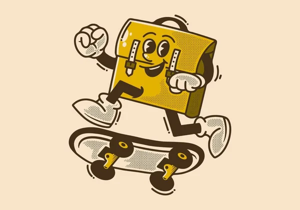 スケートボード上でジャンプオフィスバッグのヴィンテージマスコットキャラクターデザイン — ストックベクタ