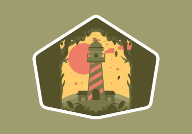 Ormandaki deniz fenerinin renkli düz çizimi