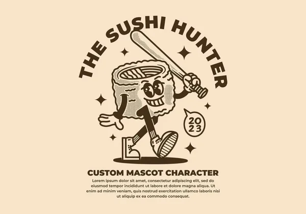Design Personagem Mascote Sushi Roll Estilo Vintage —  Vetores de Stock