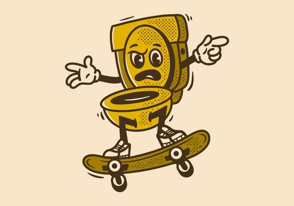 滑板上跳厕所的老式吉祥物设计 — 图库矢量图片