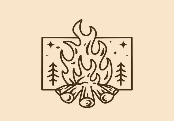 ヴィンテージカラーでたき火のモノラインアートイラストデザイン — ストックベクタ