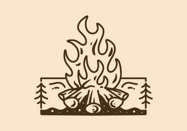 ヴィンテージカラーでたき火のモノラインアートイラストデザイン — ストックベクタ