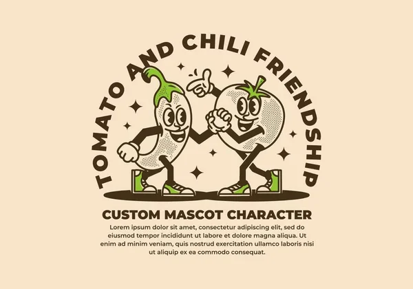 Vintage Σχεδιασμό Χαρακτήρα Μασκότ Της Ντομάτας Και Τσίλι — Διανυσματικό Αρχείο