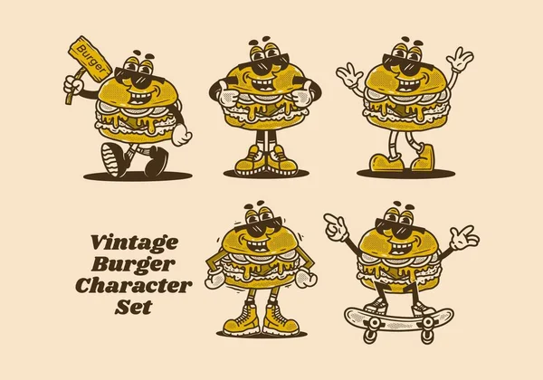 Diseño Carácter Mascota Hamburguesa Estilo Vintage — Archivo Imágenes Vectoriales