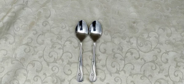 Kitchen Spoon Chrome Color Metal Table — Stock Photo, Image