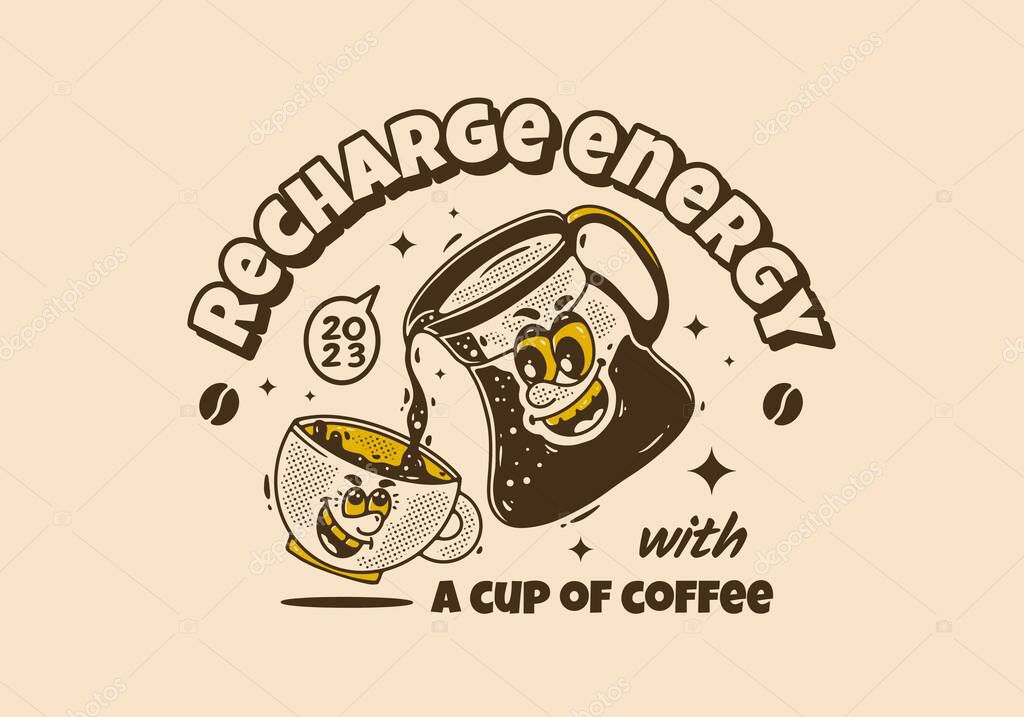Vintage mascot character design of a coffee pot pouring coffee into a cup