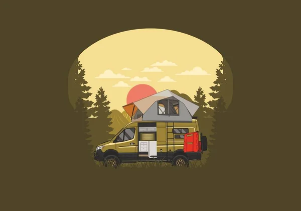 Grande Camper Con Tetto Tenda Disegno Illustrazione — Vettoriale Stock