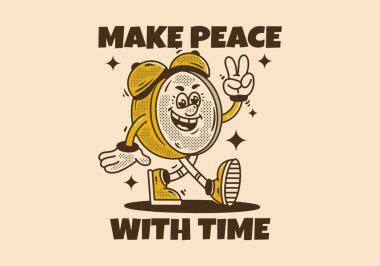 Çalar saat maskotu, gülen yüzlü, klasik tarzda çizen.