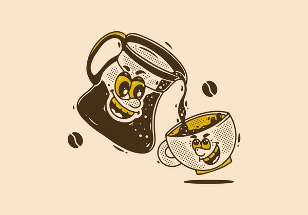 Kaffeetasse Und Kaffeekanne Maskottchen Mit Fröhlichem Gesicht Zeichnung Vintage Stil — Stockvektor