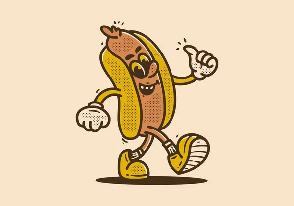 Hot Dog Mascot Character Walking Happy Face Drawing Vintage Style — Stock Vector