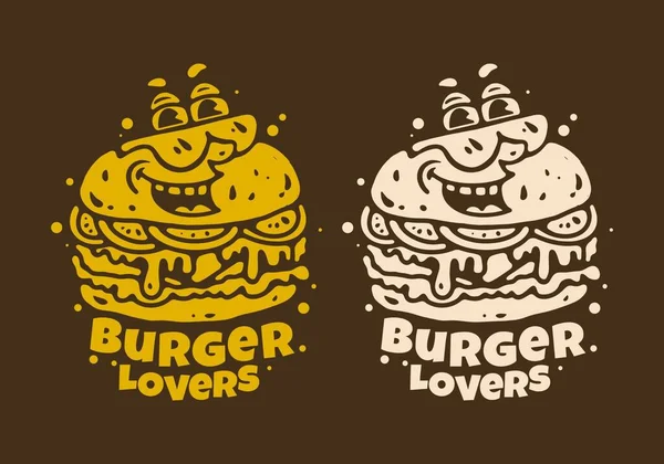 Burger Maskottchen Mit Glücklichem Gesicht Zeichnung Zwei Farben Gelb Und — Stockvektor