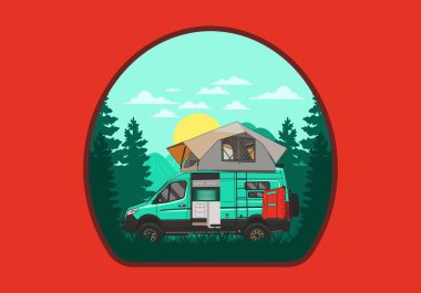 Çatı çadırı çizimi olan büyük bir karavan.