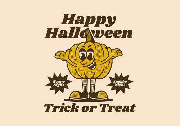 Joyeux Halloween Tour Régal Personnage Mascotte Citrouille Jaune Avec Visage — Image vectorielle
